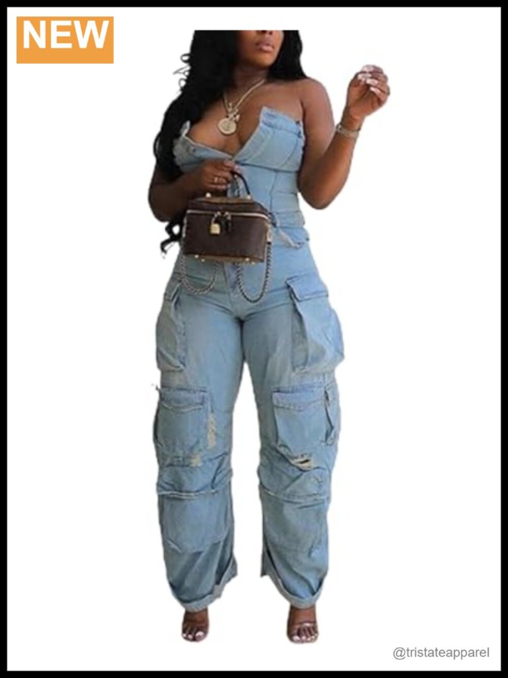 Off Shoulder Denim Cargo Jumpsuit Wide Leg Tube Overalls